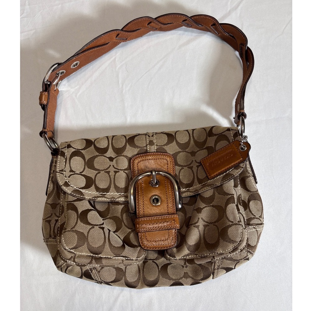 Coach Soho Signature Canvas Flap Bag Tan Leather Braided Strap 11862 Small